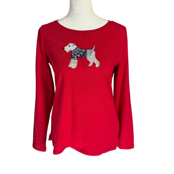 Talbots Petite PS red long sleeve winter Terrier dog pullover t-shirt - Picture 1 of 9